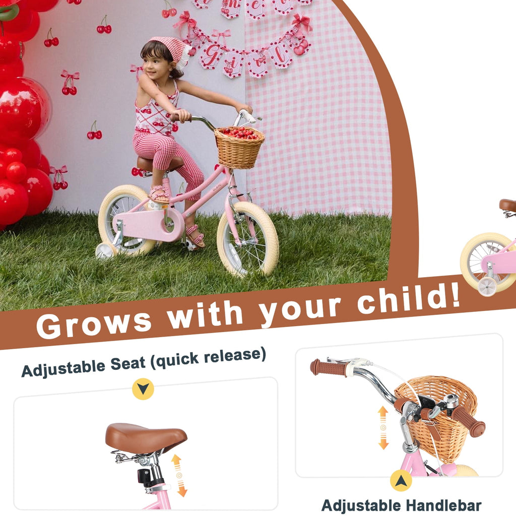 Glerc Little Miss 12 Inch Kids Bike for Girls Ages 2‑4, Retro Bicycle with Training Wheels & Basket, Pink
