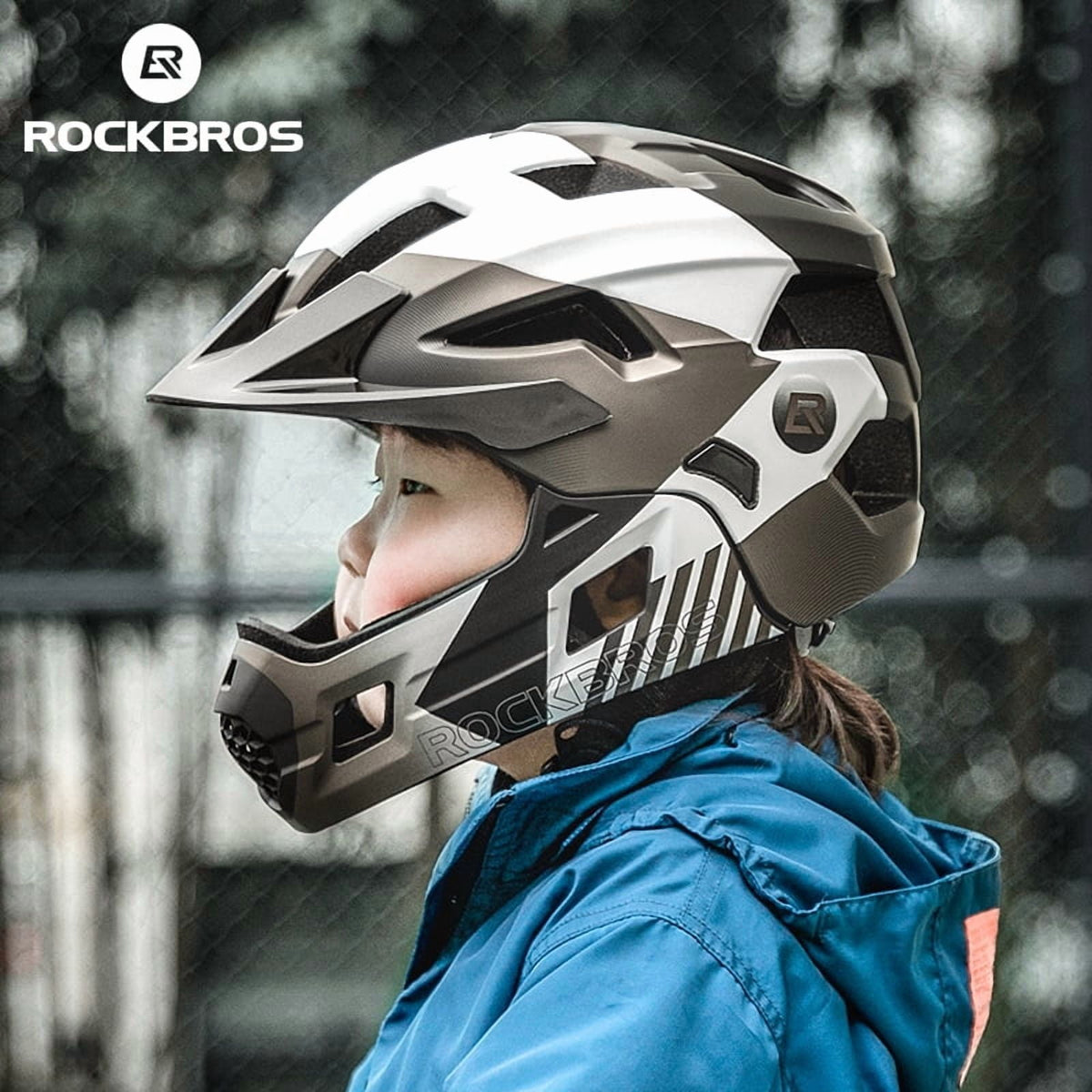 ROCKBROS Bicycle Helmet Kids Helmet Full Face Safety Helmet Removable Helmet Chin All-Round Ventilation Holes with Adjustable Brim for Kids Age 5-12