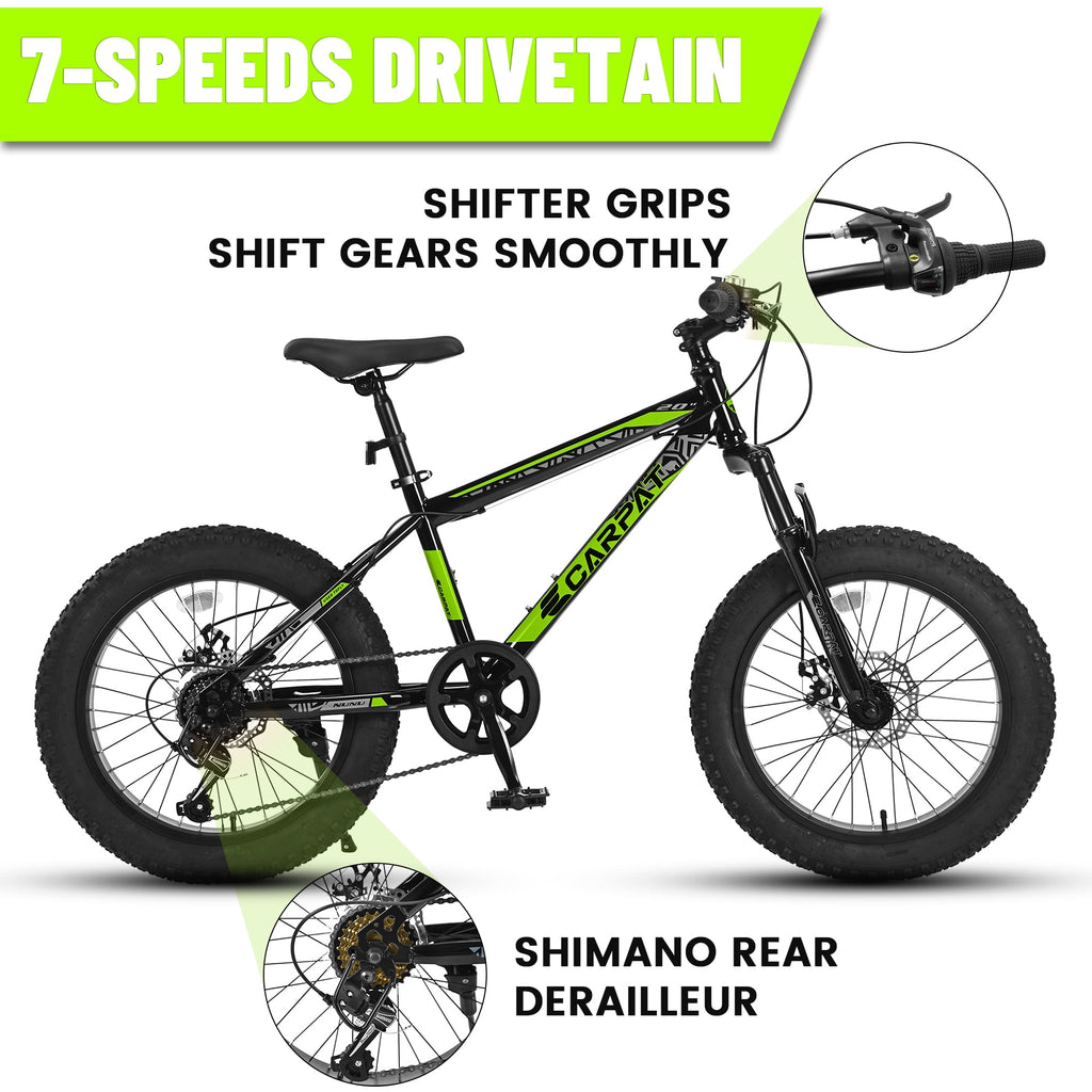 20 Inch Fat Tire Kids Mountain Bike, 7-Speed Mountain Bicycle with Dual Disc Brake and Front Suspension, High-Carbon Steel Frame Kids MTB for Boys Girls Ages 8-12 Year Old, Black-Green