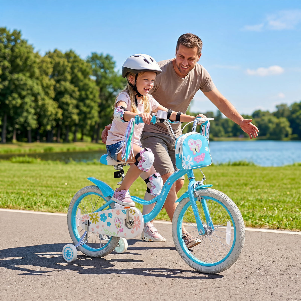 Costway 18 Inches Girls Bike with Front Bag, Children Training Bicycle for 4-8 Years Old Pink