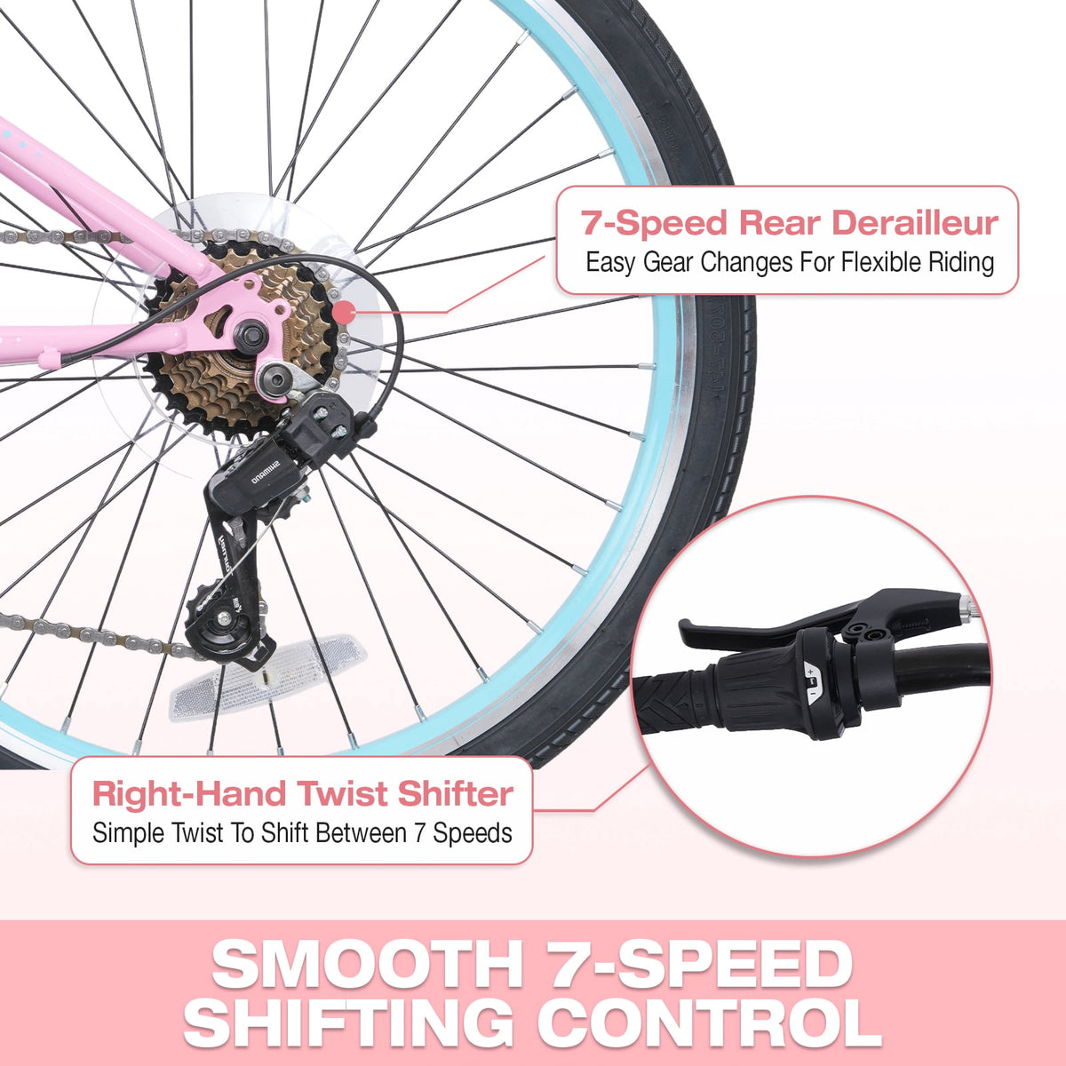 Hykolity 20-in Kid Mountain Bike 7 Speed Bicycles for Kids Bikes MTB Children Ages 8-13 Tween Fits Riders 48-60 Adjustable Seat Dual Brake Outdoor Cycling, Pink