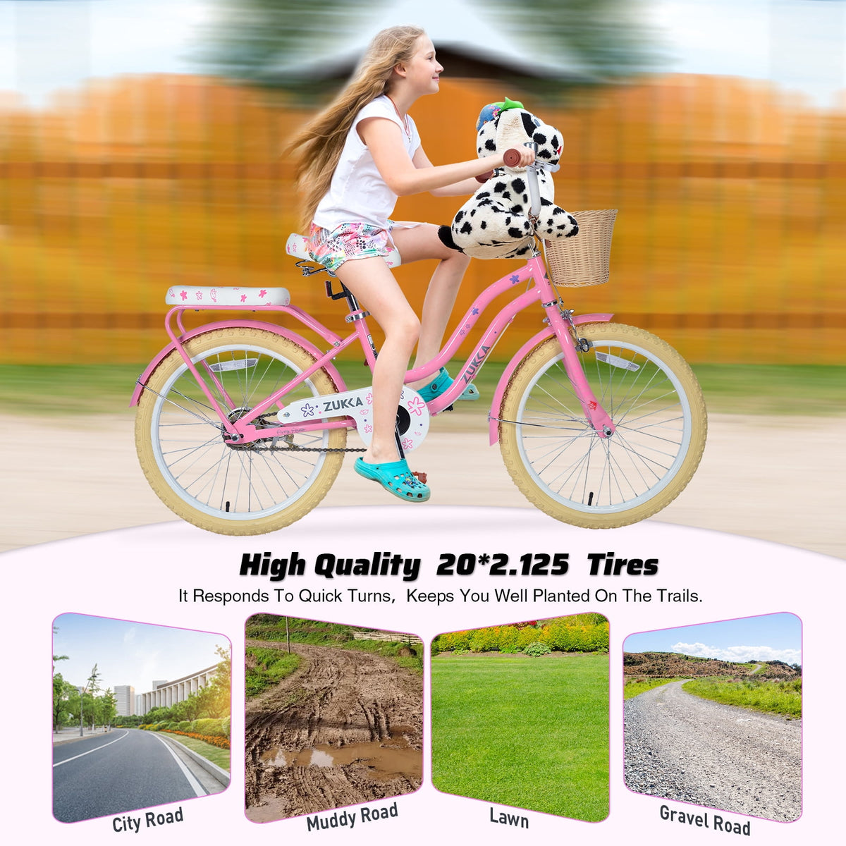 Aukfa 20" Girls Bike with Basket – Kids Bicycle for Ages 7-12, Front & Rear Brakes,Pink