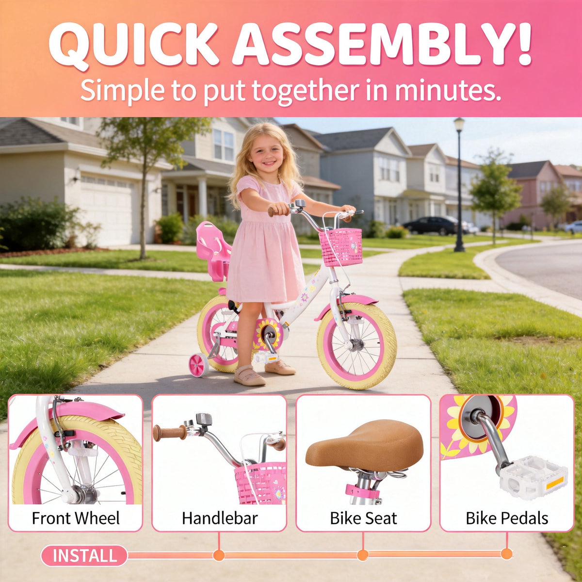 Korimefa Girls Bike for 3-9 Years Old Kids, 12 14 16 inch Kids Bike with Training Wheels, Basket and Doll Seat, Children Bicycles with Handbrake, Pink
