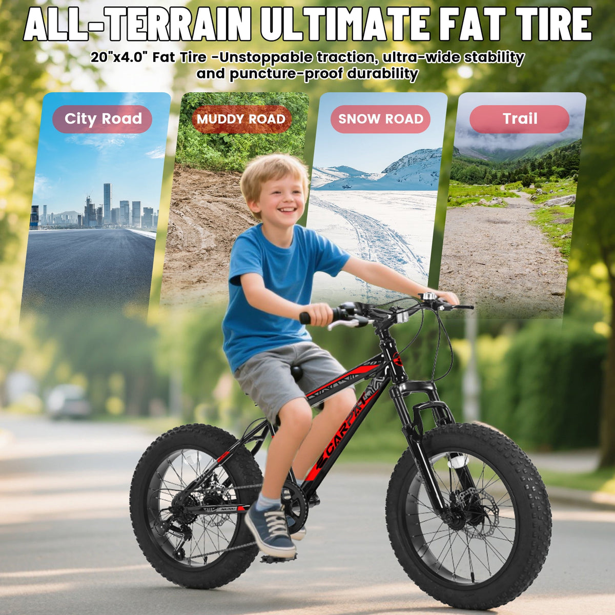 20 Inch Fat Tire Kids Mountain Bike, 7-Speed Mountain Bicycle with Dual Disc Brake and Front Suspension, High-Carbon Steel Frame Kids MTB for Boys Girls Ages 8-12 Year Old, Black-Green