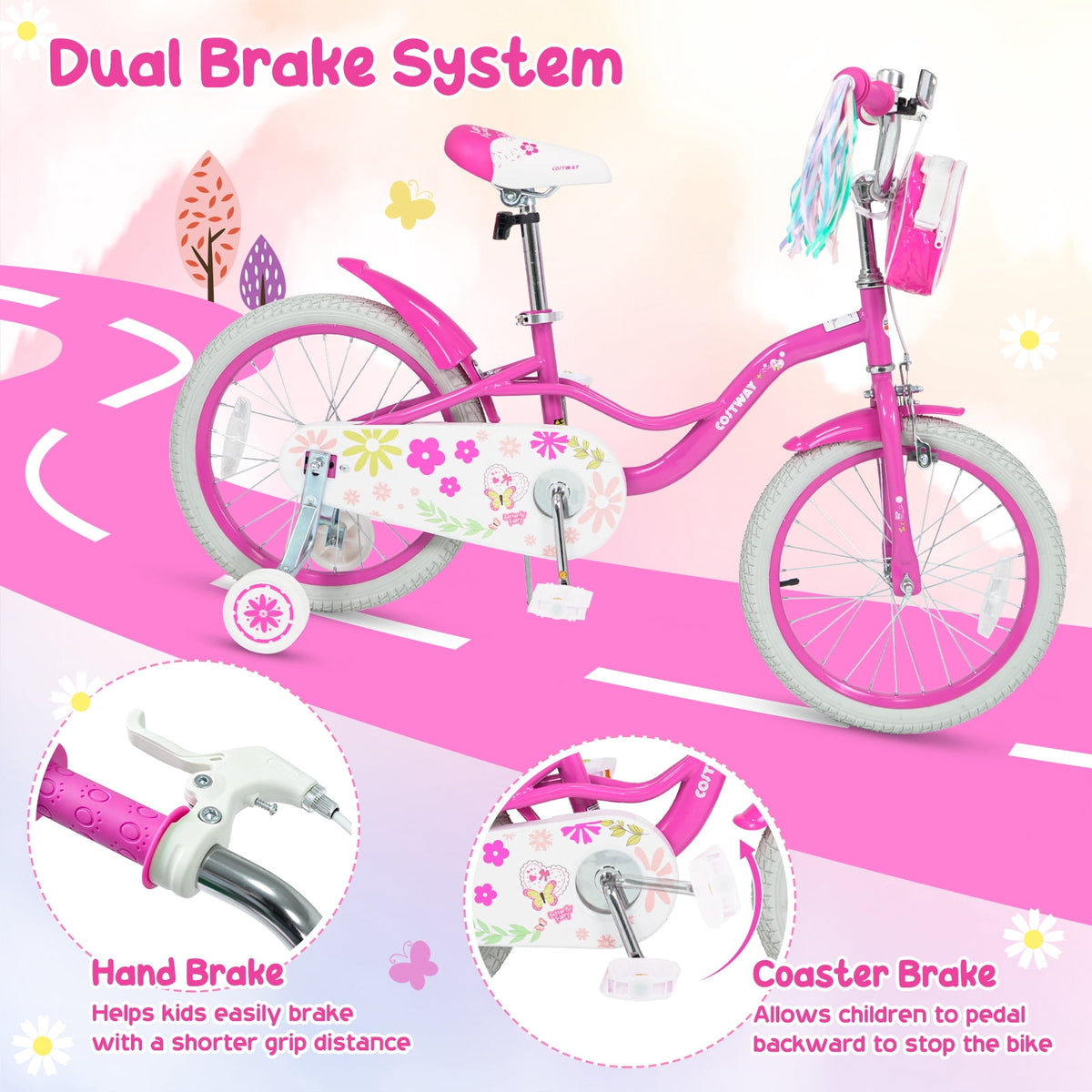 Costway 18 Inches Girls Bike with Front Bag, Children Training Bicycle for 4-8 Years Old Pink