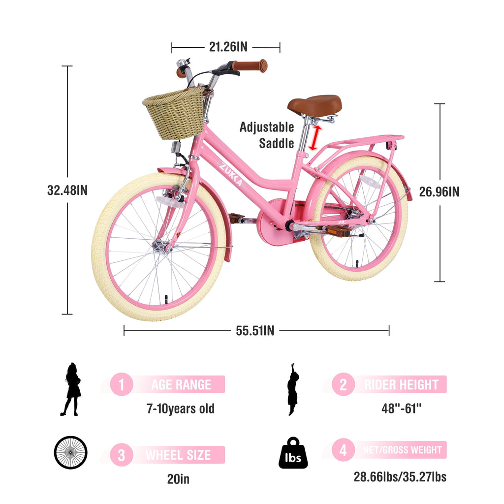 Aukfa 20 inch Girl's Bikes with Basket, Children's Bicycle for 7-10 Years Old Kids, Purple