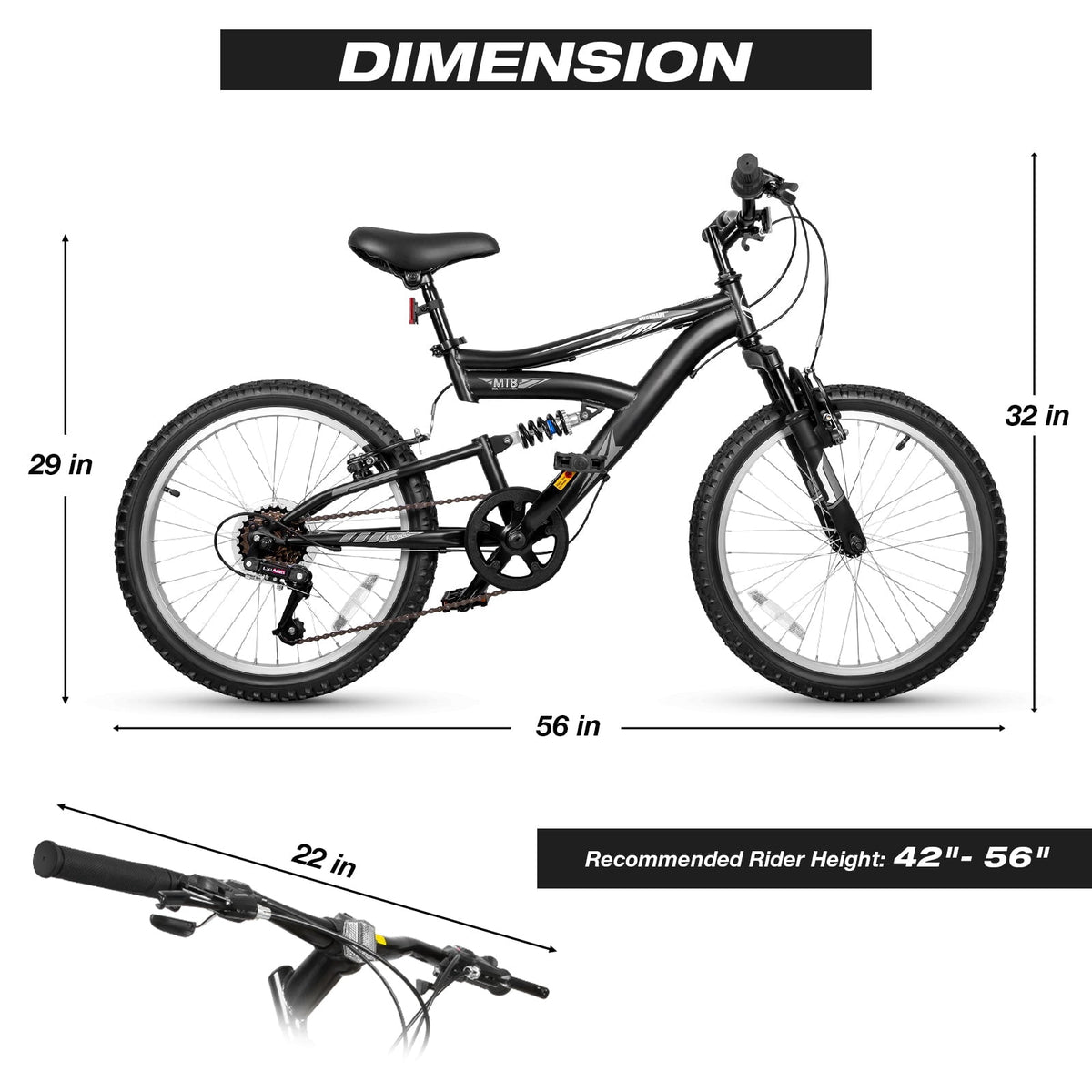Hykolity 20 Inch Kids Mountain Bike Boys Girls Youth Bicycle For Ages 6-12 Children Bikes Dual Full Suspension Front And Rear V-Brakes 6 Speeds Drivetrain, Black