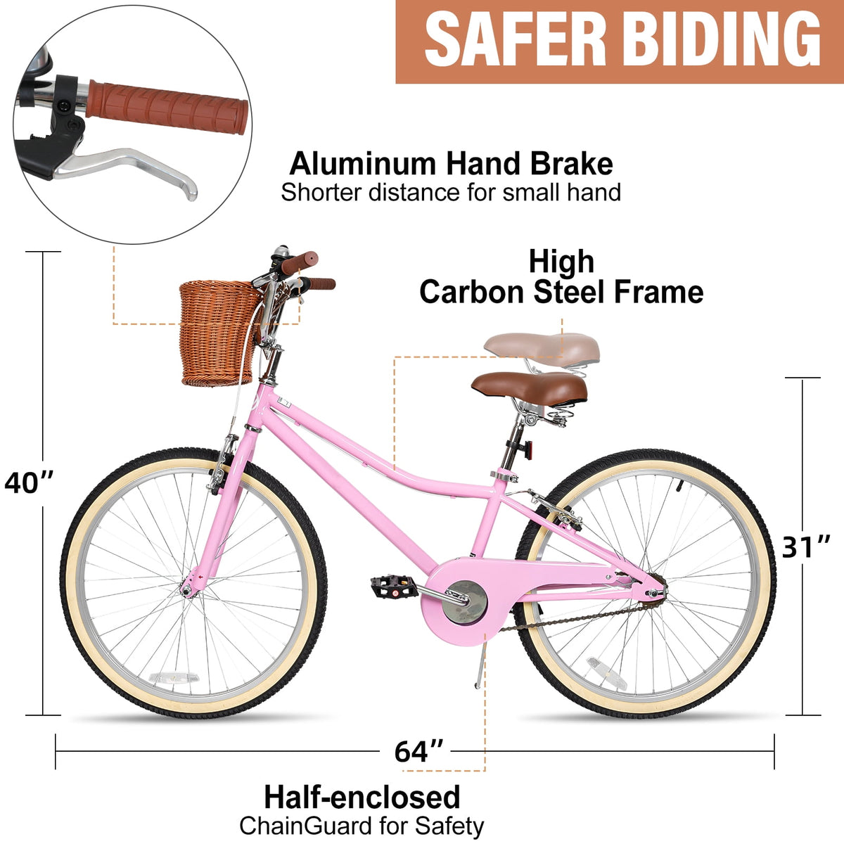 Hykolity Cruiser Bike for Teenage 24 Inch for 8-14 Years Old Girls Bicycle with Basket and Kickstand, Tween Retro Style Childrens Bike for Teen Girls, Pink