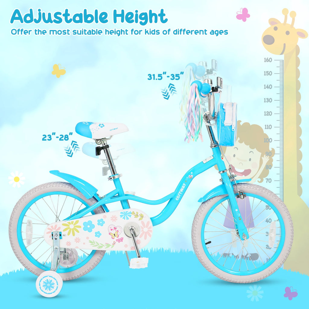 Costway 18 Inches Girls Bike with Front Bag, Children Training Bicycle for 4-8 Years Old Pink