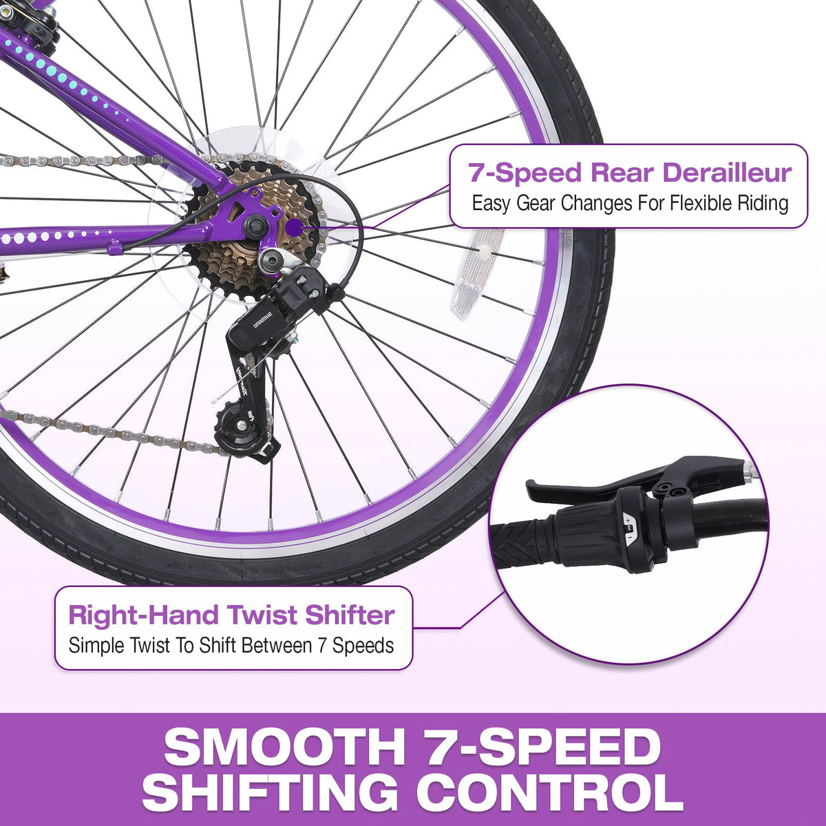 Hykolity 20-in Kid Mountain Bike 7 Speed Bicycles for Kids Bikes MTB Children Ages 8-13 Tween Fits Riders 48-60 Adjustable Seat Dual Brake Outdoor Cycling, Pink