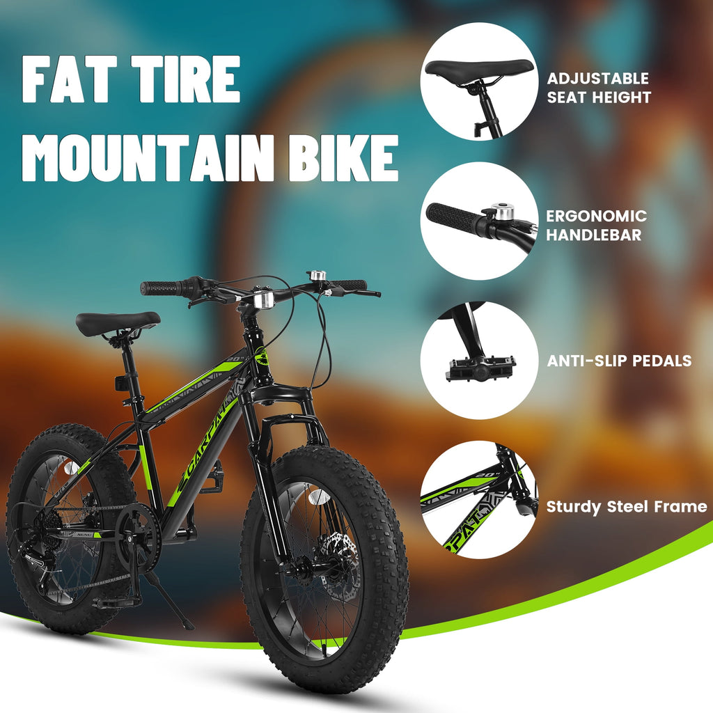 20 Inch Fat Tire Kids Mountain Bike, 7-Speed Mountain Bicycle with Dual Disc Brake and Front Suspension, High-Carbon Steel Frame Kids MTB for Boys Girls Ages 8-12 Year Old, Black-Green