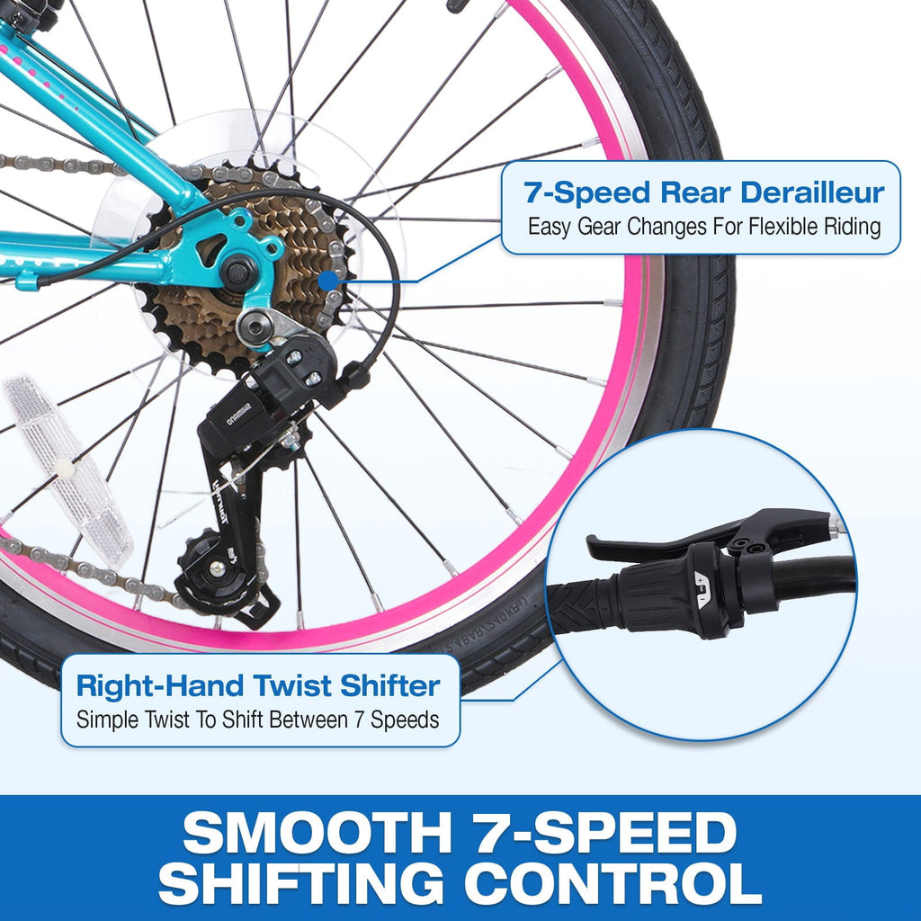 Hykolity 20-in Kid Mountain Bike 7 Speed Bicycles for Kids Bikes MTB Children Ages 8-13 Tween Fits Riders 48-60 Adjustable Seat Dual Brake Outdoor Cycling, Pink