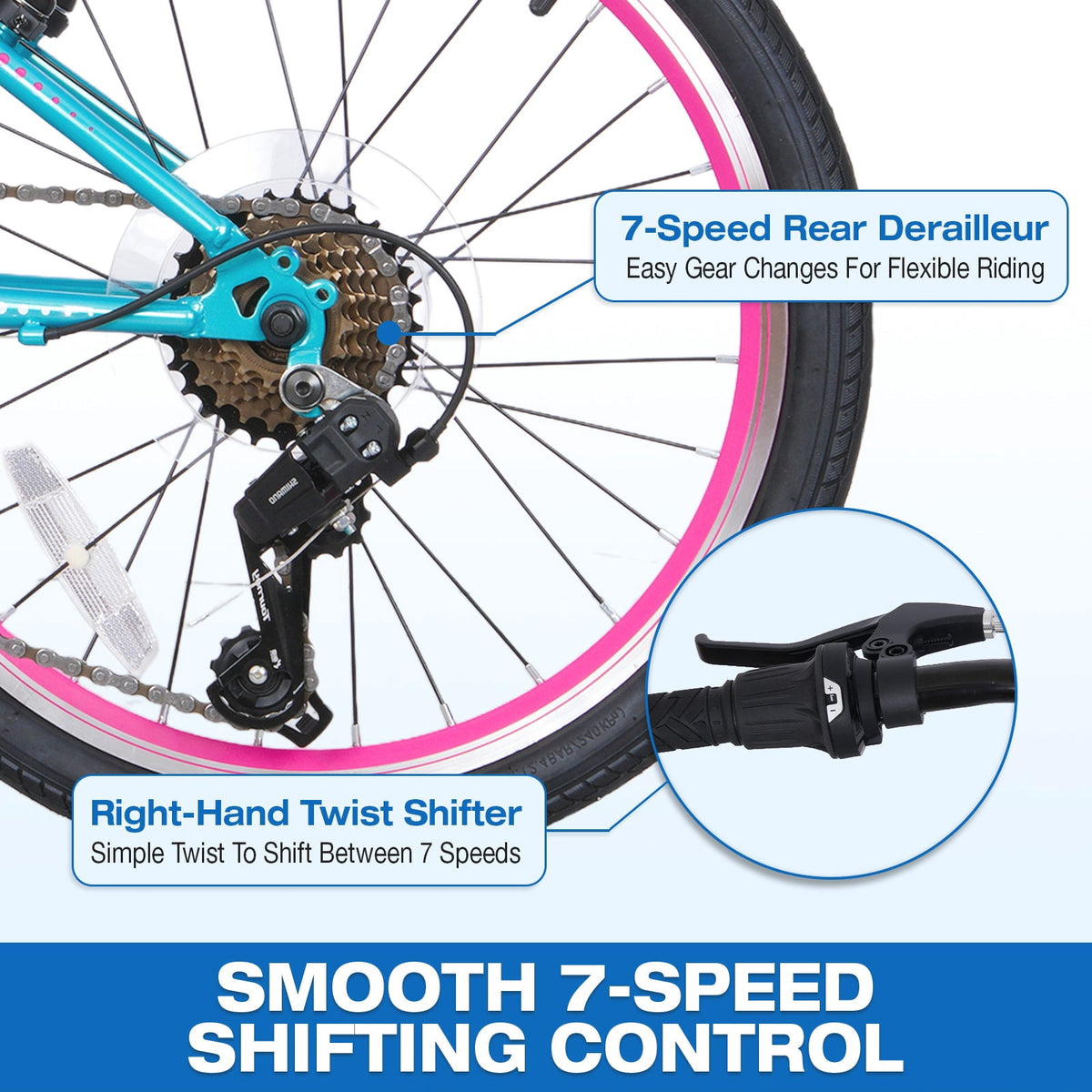 Hykolity 20-in Kid Mountain Bike 7 Speed Bicycles for Kids Bikes MTB Children Ages 8-13 Tween Fits Riders 48-60 Adjustable Seat Dual Brake Outdoor Cycling, Pink