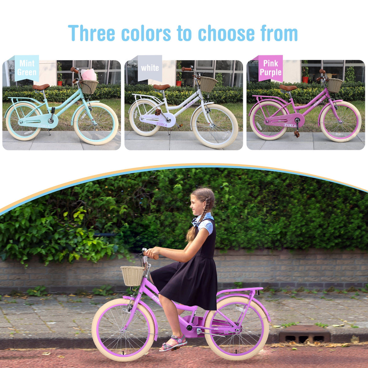 Aukfa 20 inch Girl's Bikes with Basket, Children's Bicycle for 7-10 Years Old Kids, Purple
