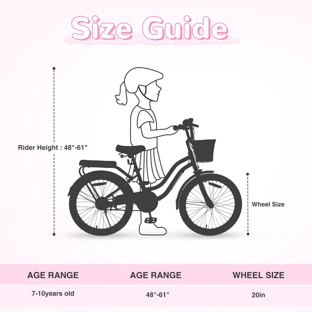 Aukfa 20" Girls Bike with Basket – Kids Bicycle for Ages 7-12, Front & Rear Brakes,Pink