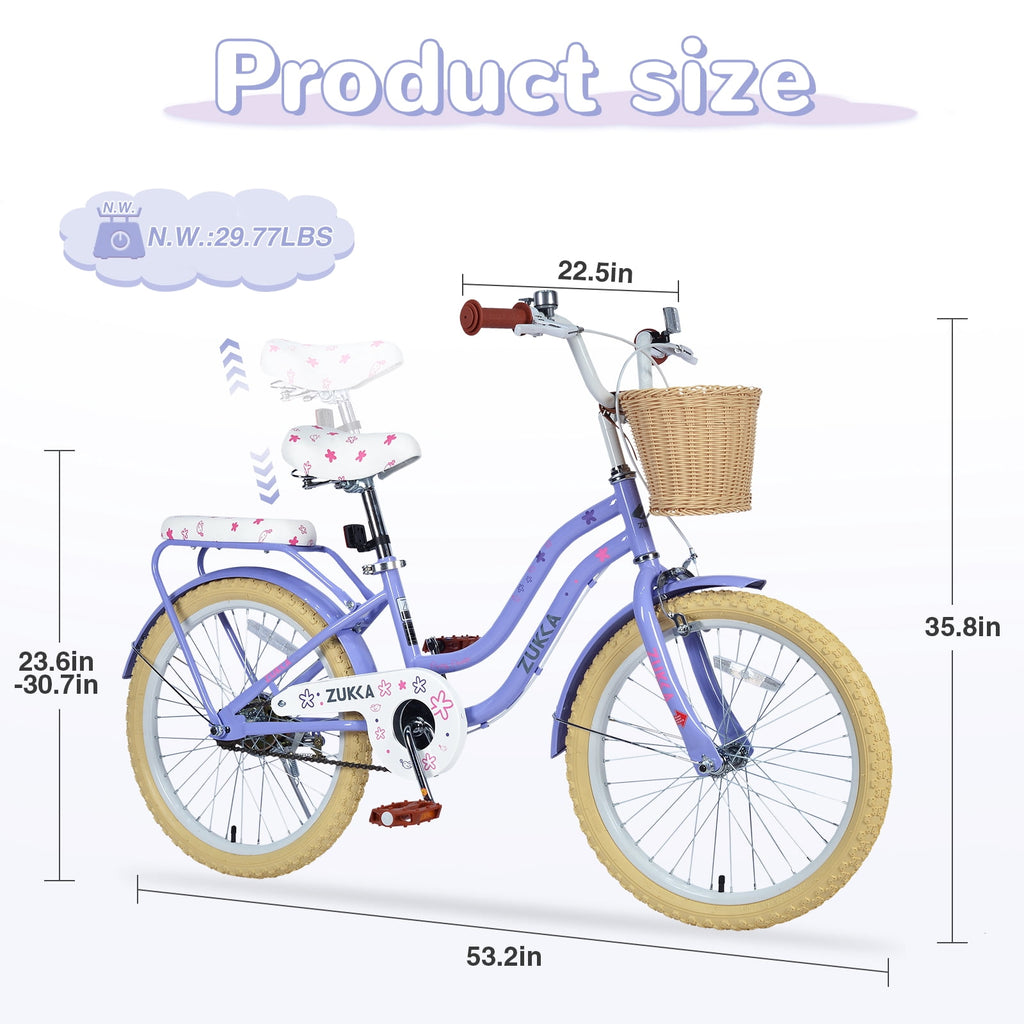 Aukfa 20" Girls Bike with Basket – Kids Bicycle for Ages 7-12, Front & Rear Brakes,Pink