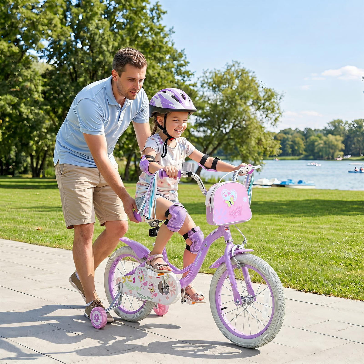 Costway 18 Inches Girls Bike with Front Bag, Children Training Bicycle for 4-8 Years Old Pink