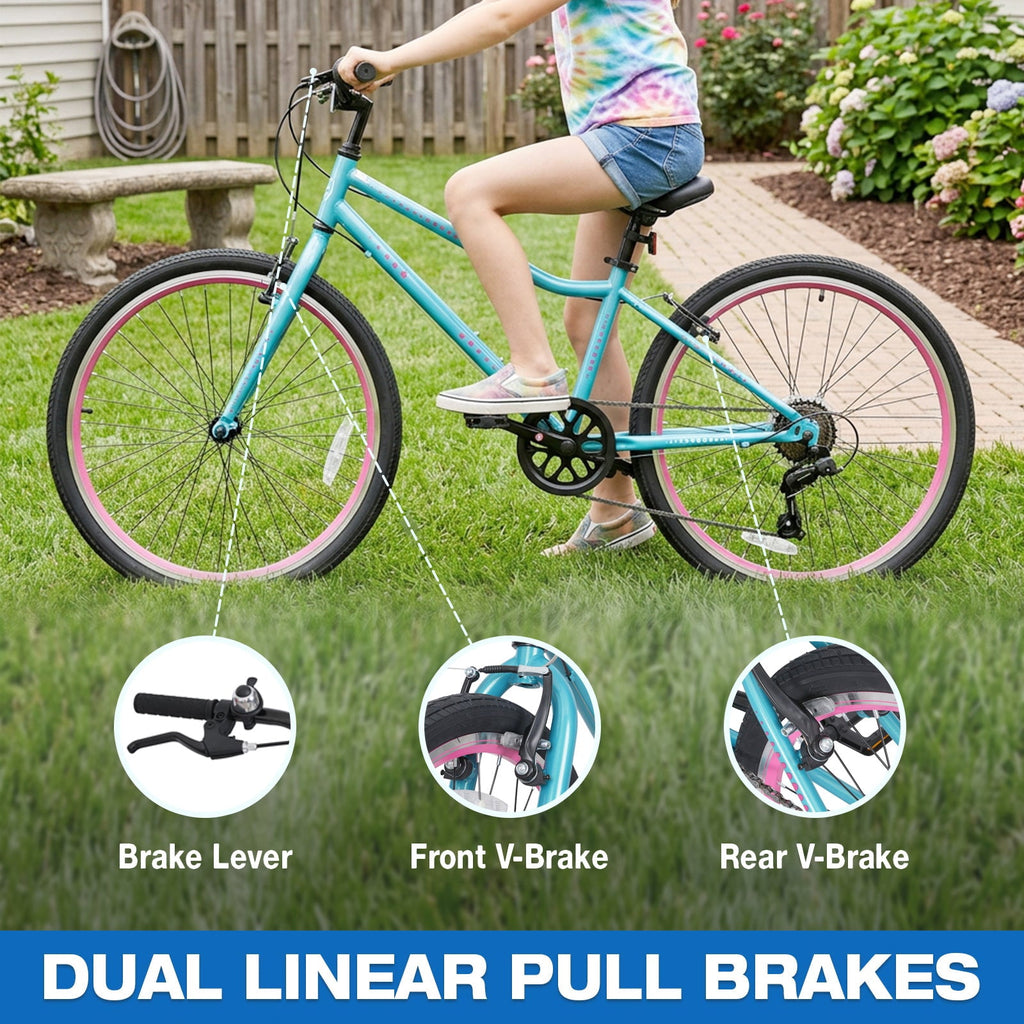 Hykolity 20-in Kid Mountain Bike 7 Speed Bicycles for Kids Bikes MTB Children Ages 8-13 Tween Fits Riders 48-60 Adjustable Seat Dual Brake Outdoor Cycling, Pink