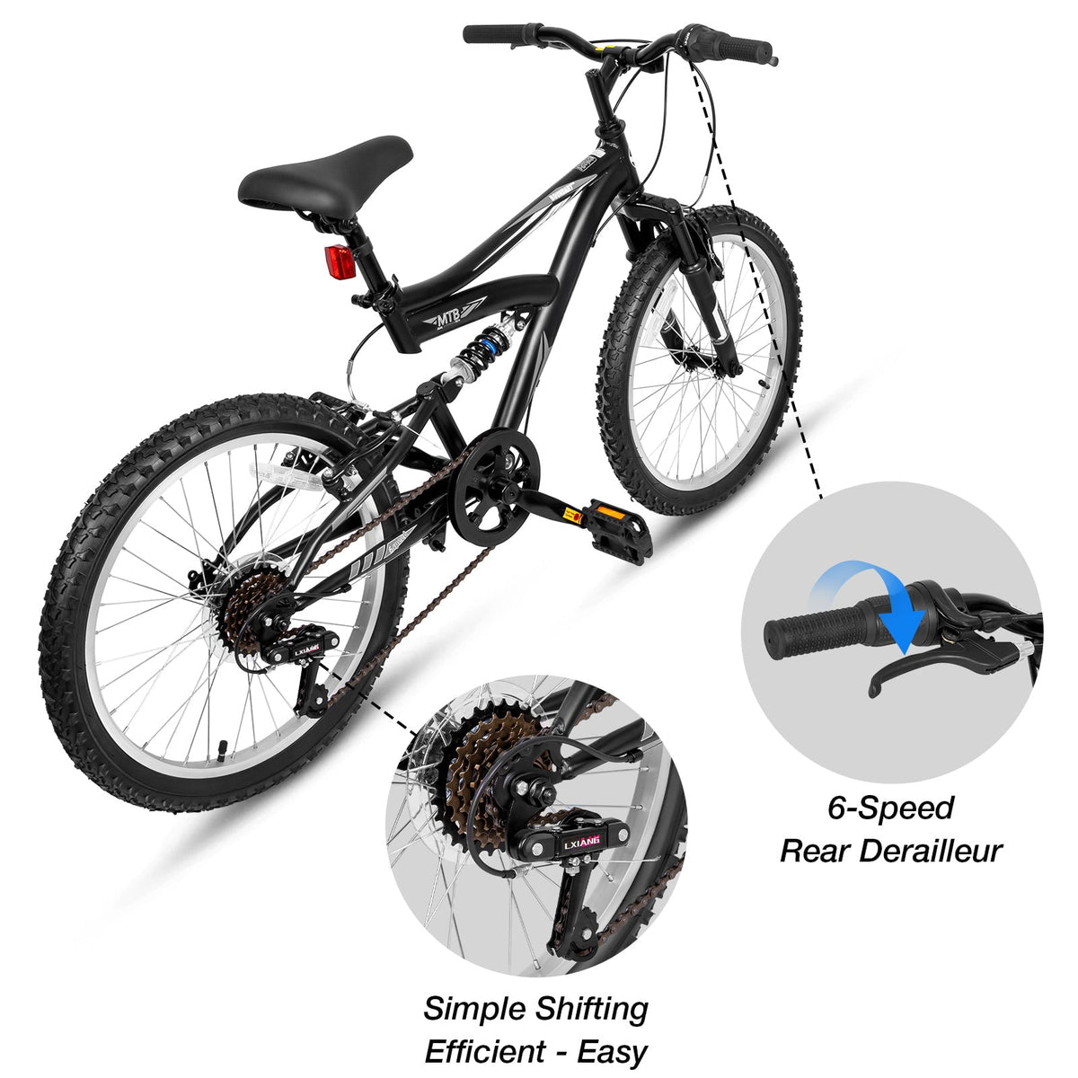 Hykolity 20 Inch Kids Mountain Bike Boys Girls Youth Bicycle For Ages 6-12 Children Bikes Dual Full Suspension Front And Rear V-Brakes 6 Speeds Drivetrain, Black