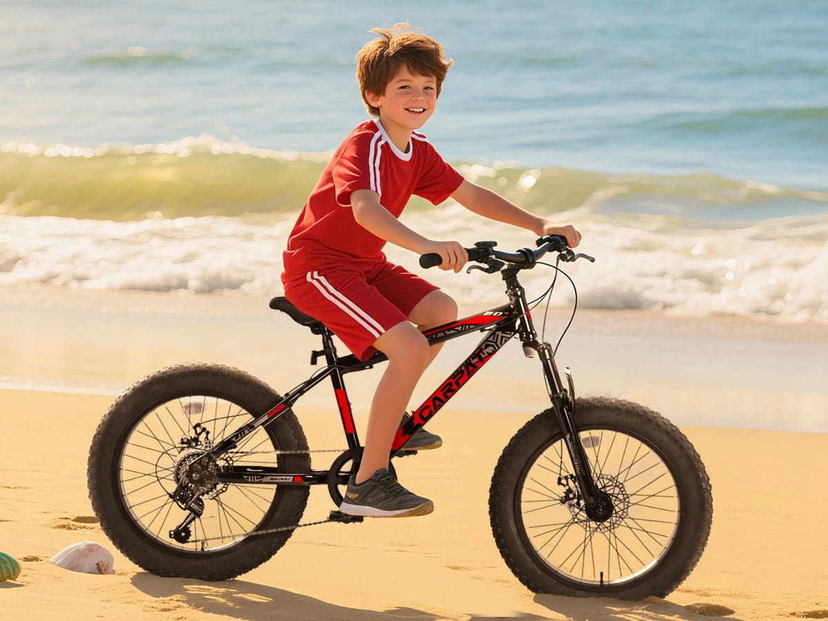 20 Inch Fat Tire Kids Mountain Bike, 7-Speed Mountain Bicycle with Dual Disc Brake and Front Suspension, High-Carbon Steel Frame Kids MTB for Boys Girls Ages 8-12 Year Old, Black-Green