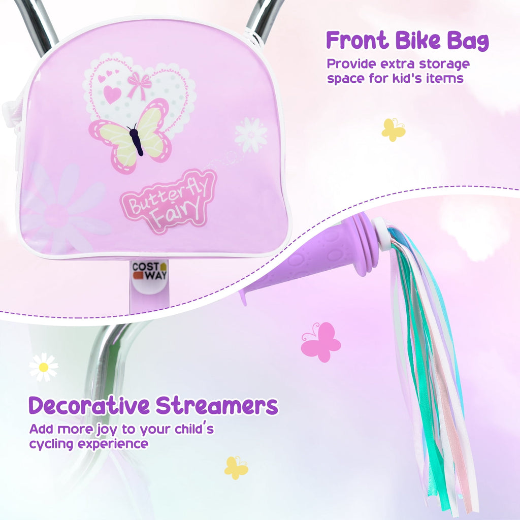 Costway 18 Inches Girls Bike with Front Bag, Children Training Bicycle for 4-8 Years Old Pink