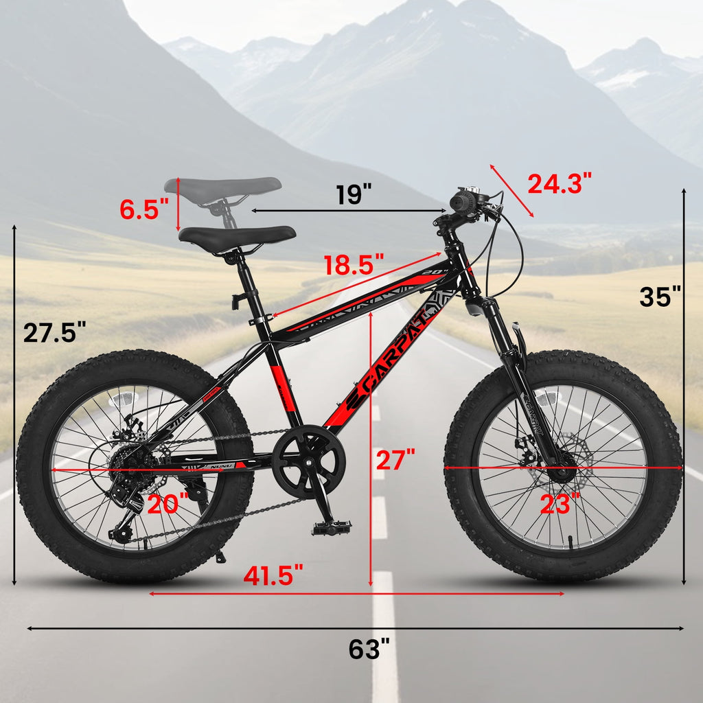 20 Inch Fat Tire Kids Mountain Bike, 7-Speed Mountain Bicycle with Dual Disc Brake and Front Suspension, High-Carbon Steel Frame Kids MTB for Boys Girls Ages 8-12 Year Old, Black-Green