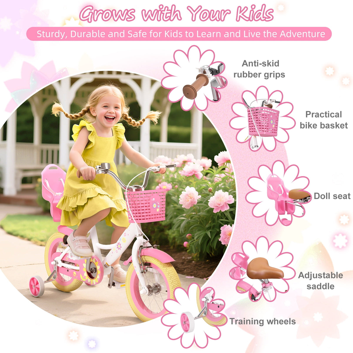 Korimefa Girls Bike for 3-9 Years Old Kids, 12 14 16 inch Kids Bike with Training Wheels, Basket and Doll Seat, Children Bicycles with Handbrake, Pink