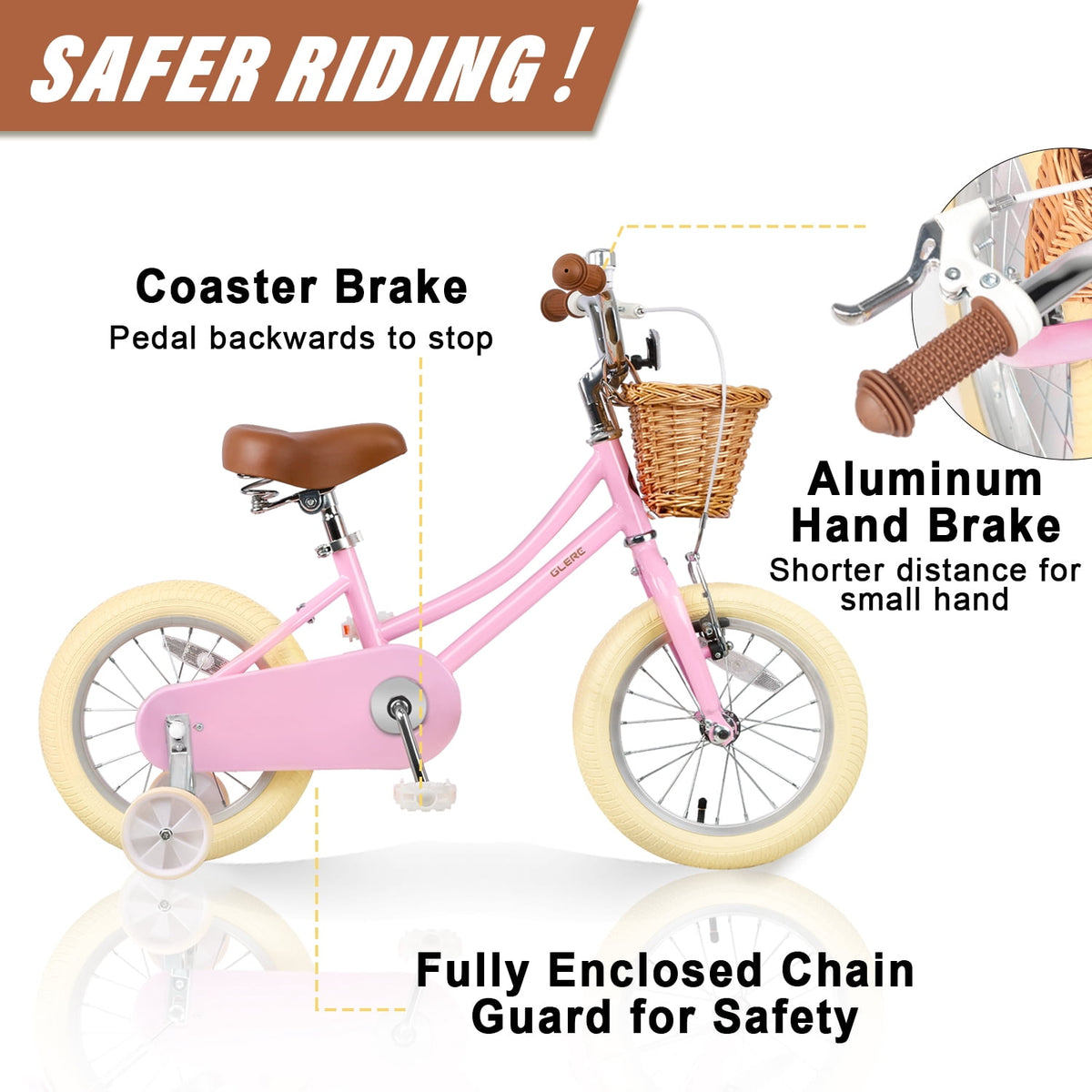 Glerc Little Miss 12 Inch Kids Bike for Girls Ages 2‑4, Retro Bicycle with Training Wheels & Basket, Pink