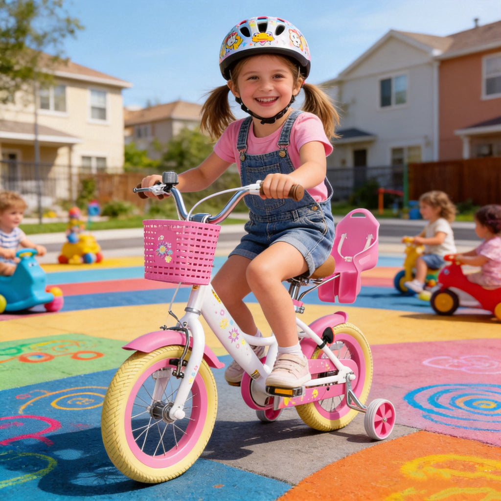 Korimefa Girls Bike for 3-9 Years Old Kids, 12 14 16 inch Kids Bike with Training Wheels, Basket and Doll Seat, Children Bicycles with Handbrake, Pink