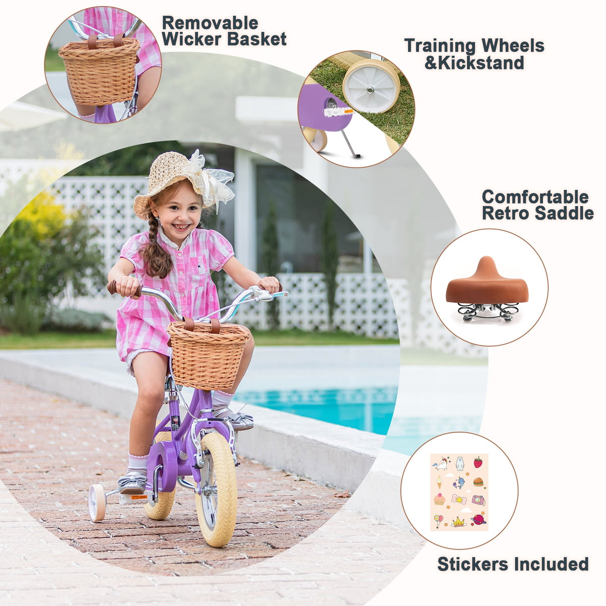 Glerc Little Miss 12 Inch Kids Bike for Girls Ages 2‑4, Retro Bicycle with Training Wheels & Basket, Pink