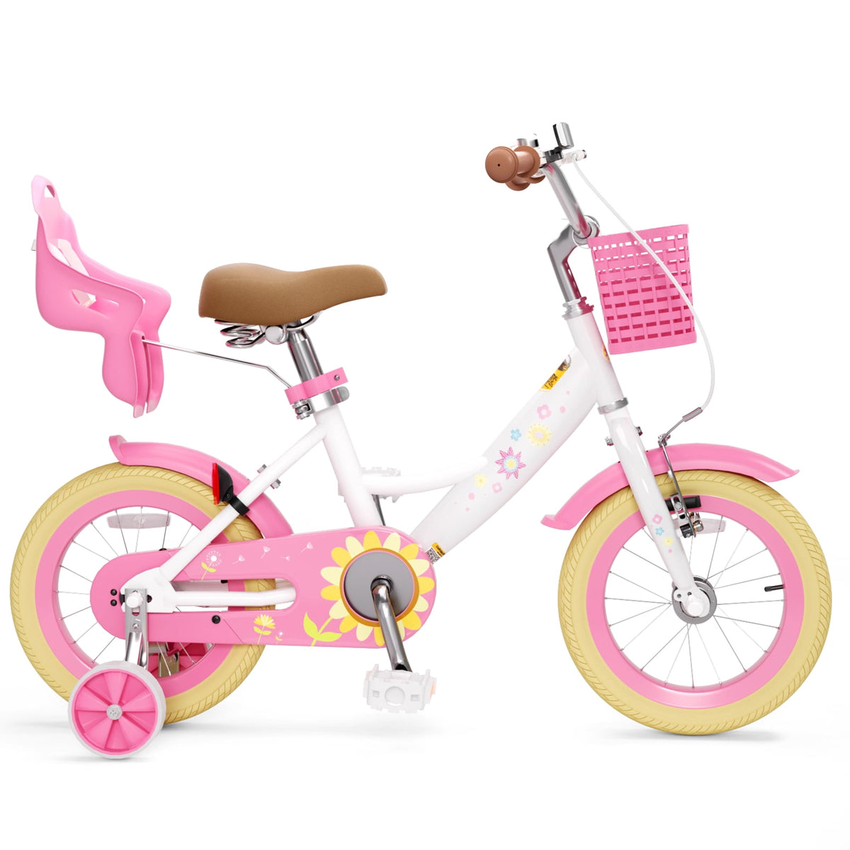Korimefa Girls Bike for 3-9 Years Old Kids, 12 14 16 inch Kids Bike with Training Wheels, Basket and Doll Seat, Children Bicycles with Handbrake, Pink