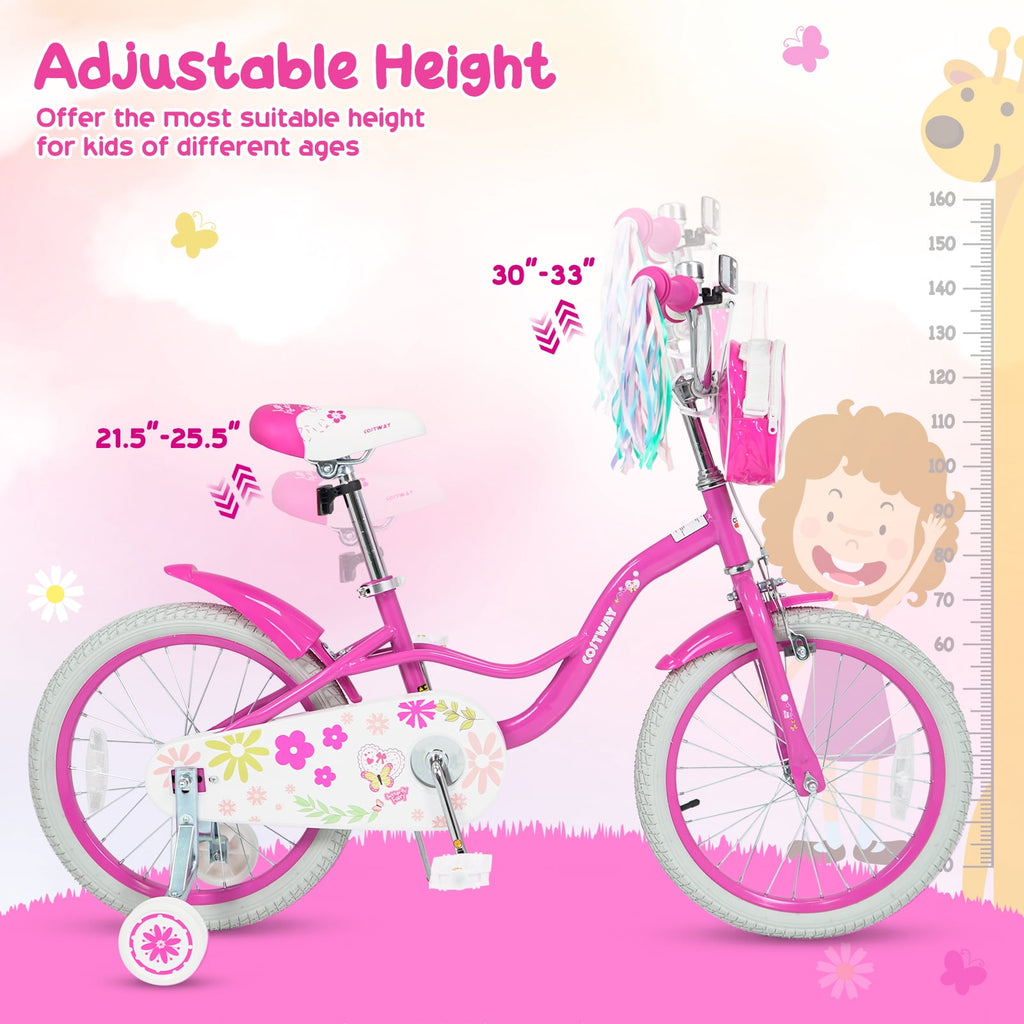 Costway 18 Inches Girls Bike with Front Bag, Children Training Bicycle for 4-8 Years Old Pink