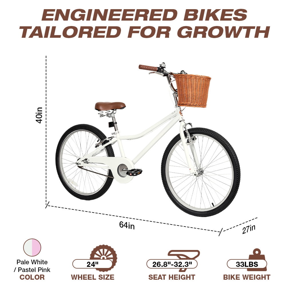 Hykolity Cruiser Bike for Teenage 24 Inch for 8-14 Years Old Girls Bicycle with Basket and Kickstand, Tween Retro Style Childrens Bike for Teen Girls, Pink