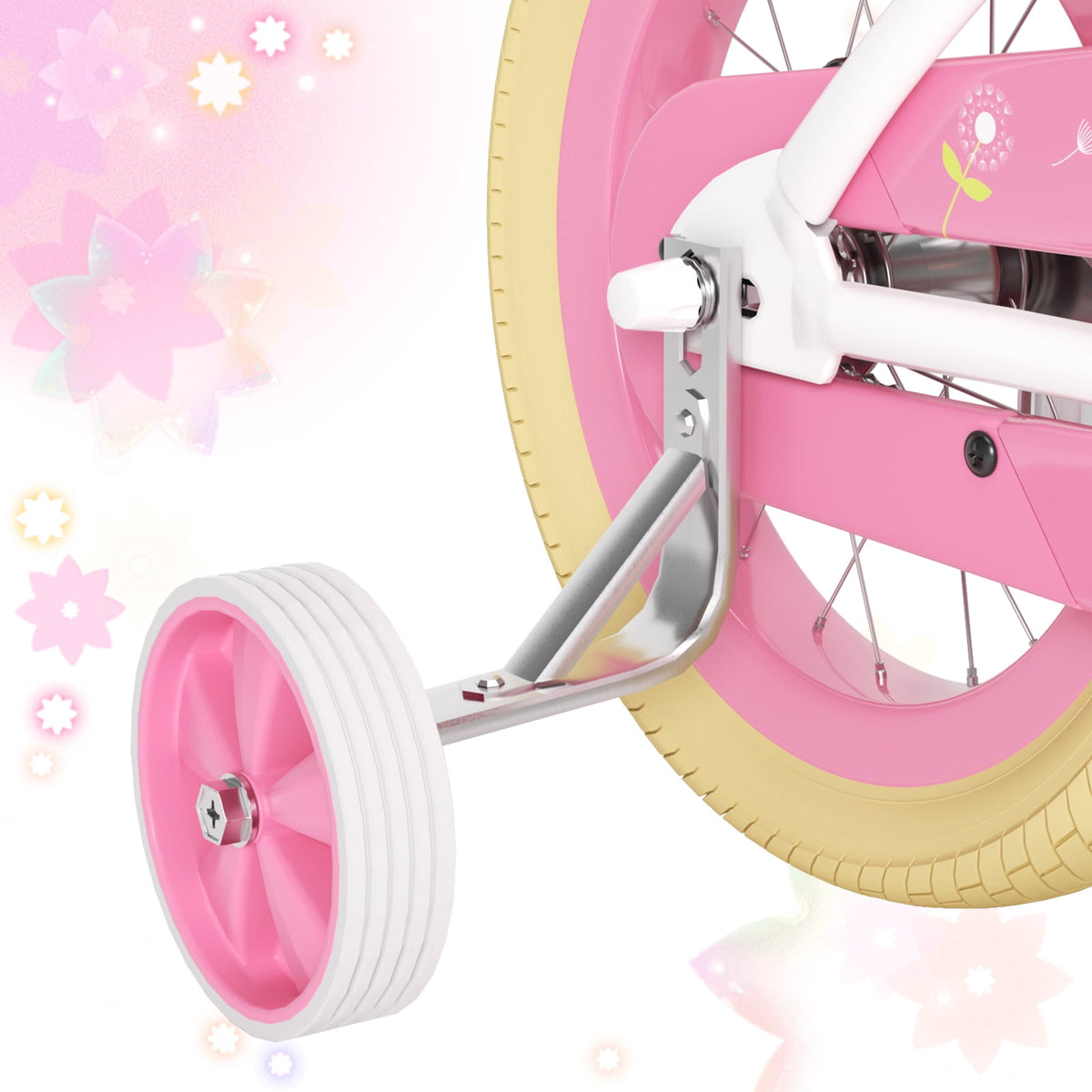Korimefa Girls Bike for 3-9 Years Old Kids, 12 14 16 inch Kids Bike with Training Wheels, Basket and Doll Seat, Children Bicycles with Handbrake, Pink