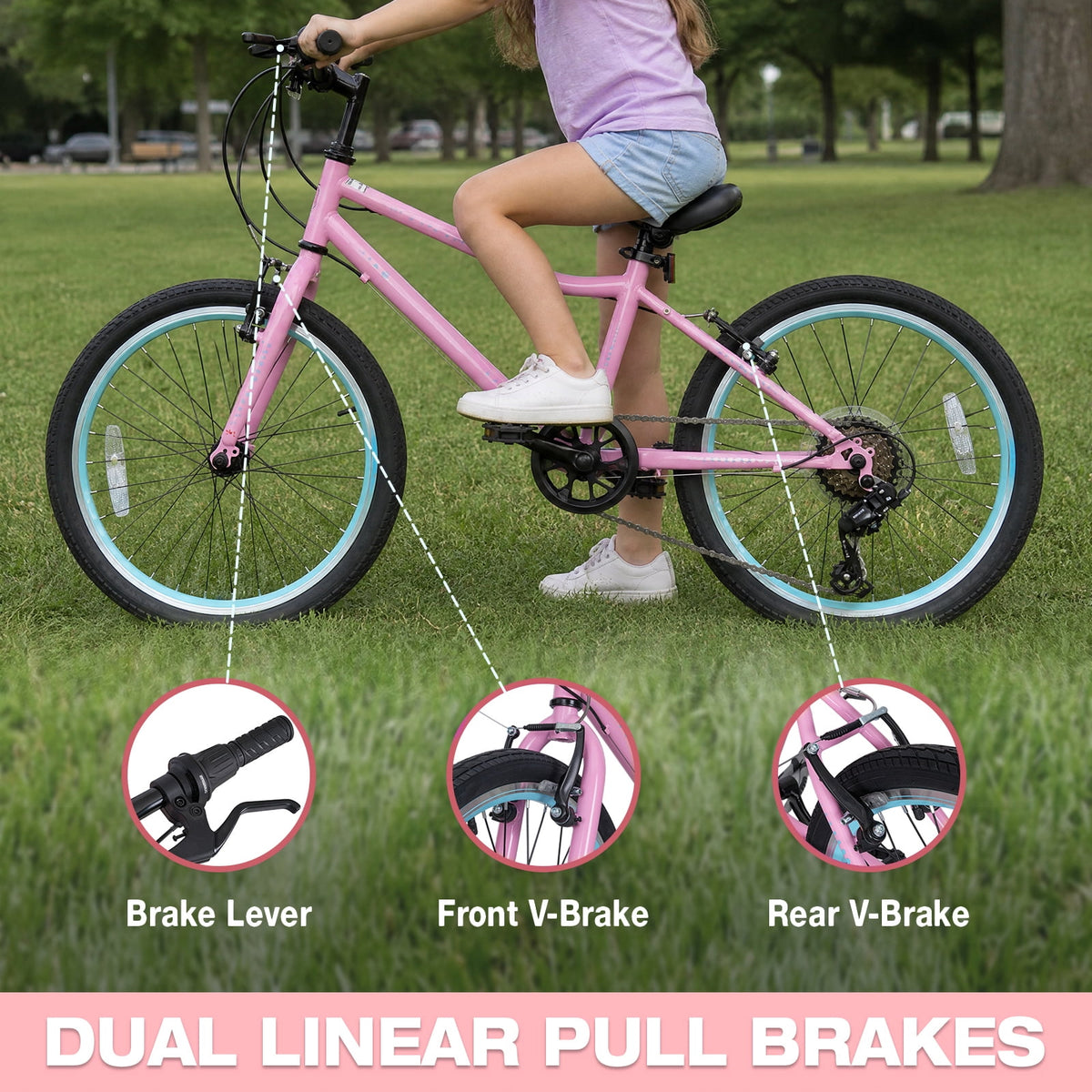 Hykolity 20-in Kid Mountain Bike 7 Speed Bicycles for Kids Bikes MTB Children Ages 8-13 Tween Fits Riders 48-60 Adjustable Seat Dual Brake Outdoor Cycling, Pink