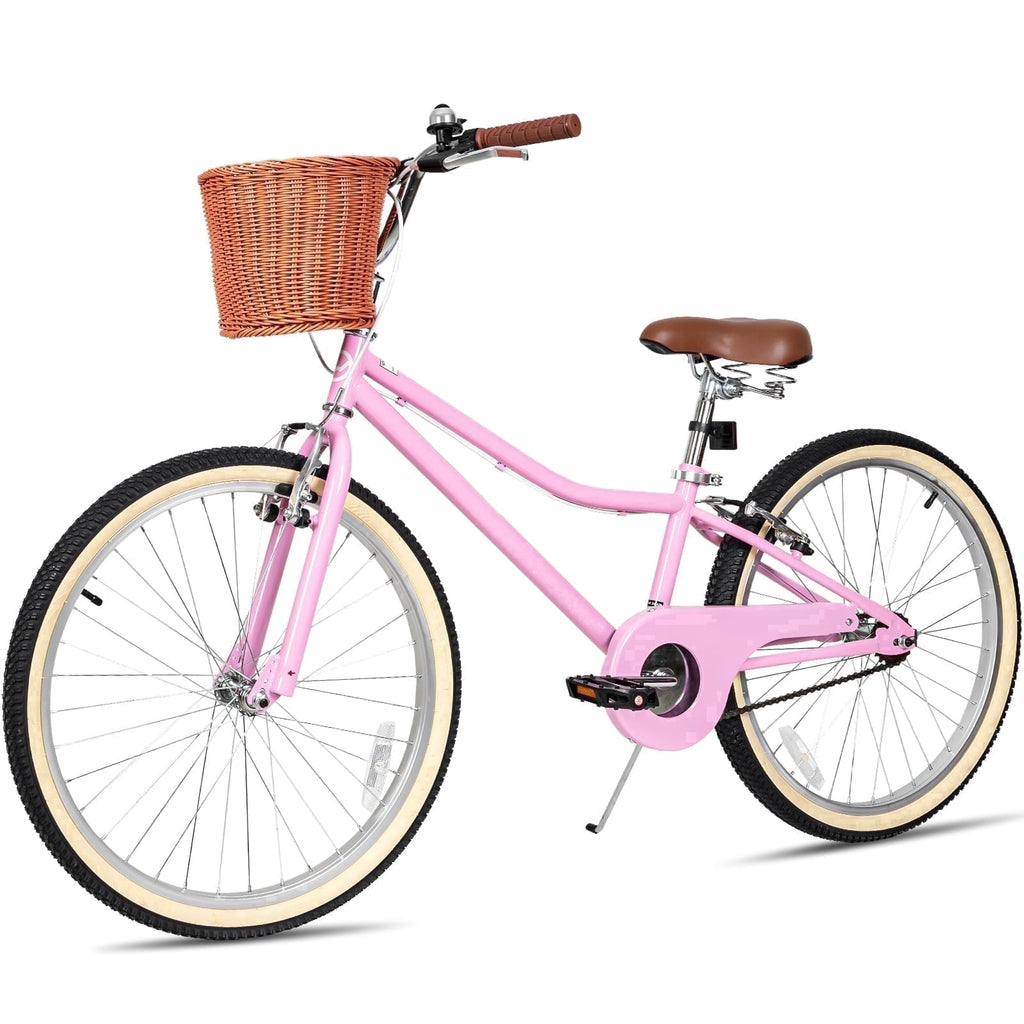 Hykolity Cruiser Bike for Teenage 24 Inch for 8-14 Years Old Girls Bicycle with Basket and Kickstand, Tween Retro Style Childrens Bike for Teen Girls, Pink