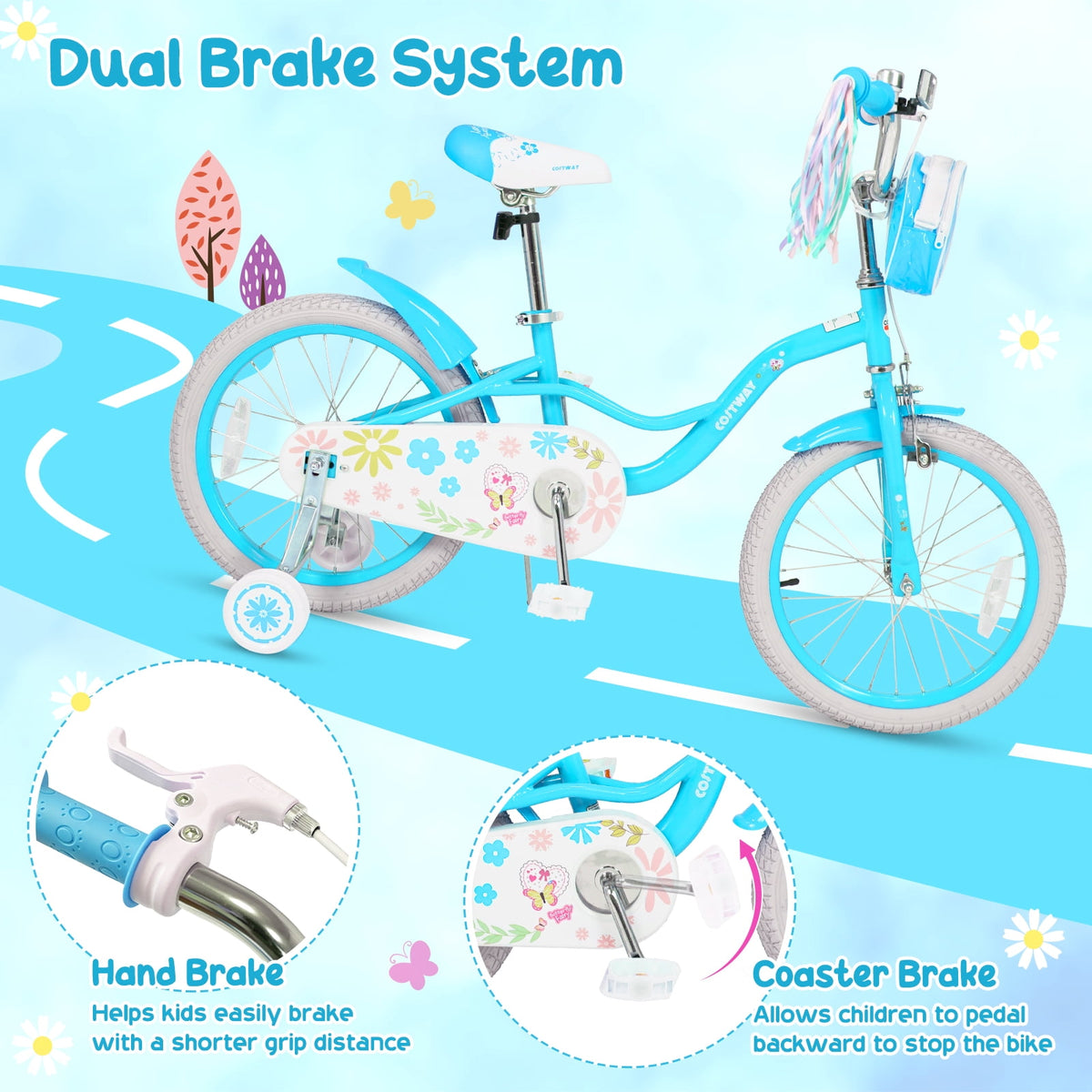 Costway 18 Inches Girls Bike with Front Bag, Children Training Bicycle for 4-8 Years Old Pink