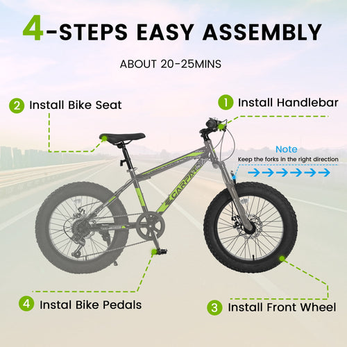 20 Inch Fat Tire Kids Mountain Bike, 7-Speed Mountain Bicycle with Dual Disc Brake and Front Suspension, High-Carbon Steel Frame Kids MTB for Boys Girls Ages 8-12 Year Old, Black-Green