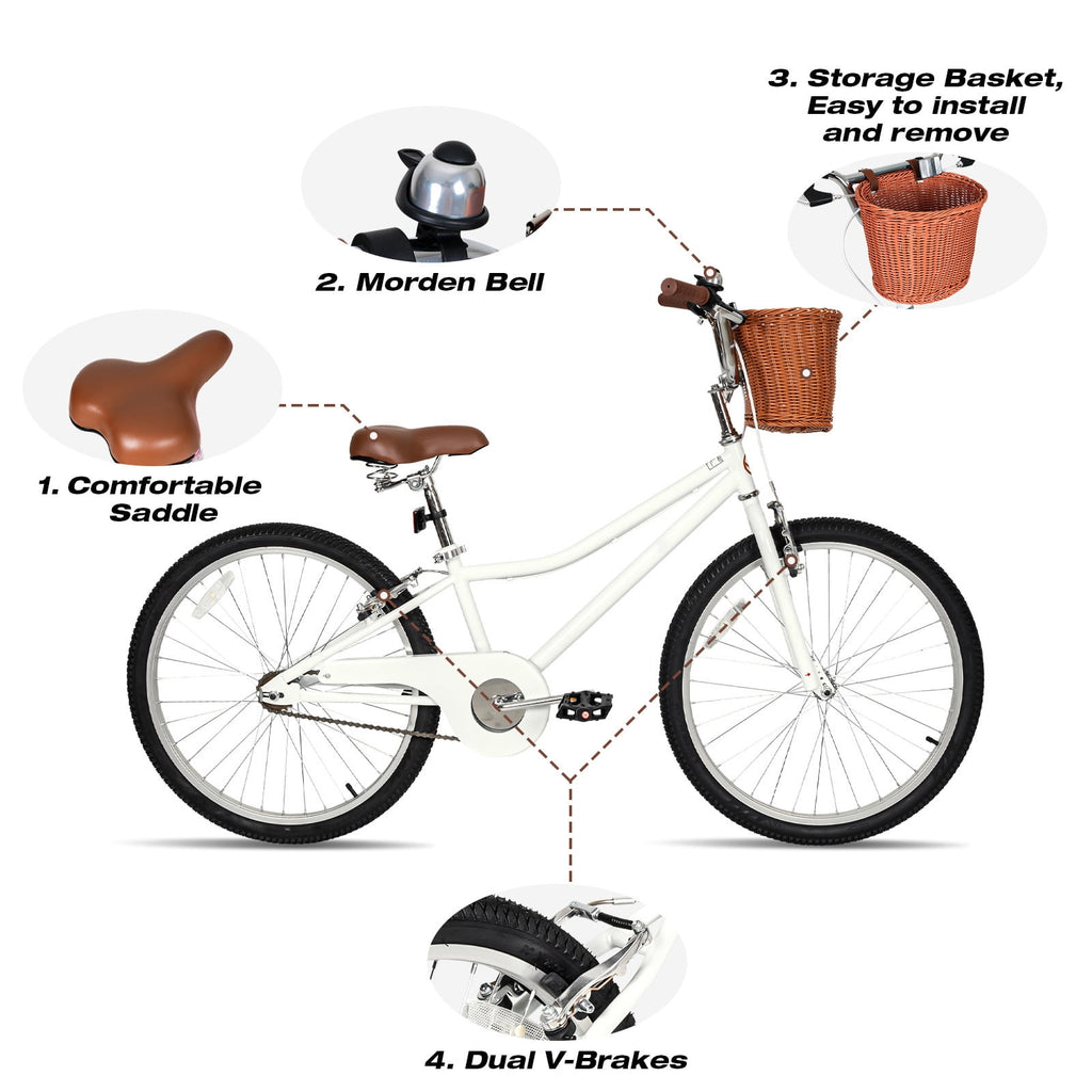 Hykolity Cruiser Bike for Teenage 24 Inch for 8-14 Years Old Girls Bicycle with Basket and Kickstand, Tween Retro Style Childrens Bike for Teen Girls, Pink
