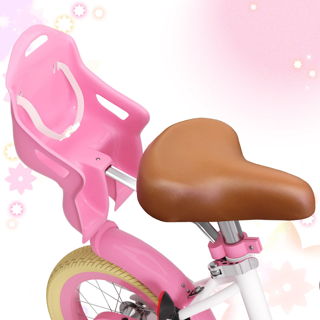 Korimefa Girls Bike for 3-9 Years Old Kids, 12 14 16 inch Kids Bike with Training Wheels, Basket and Doll Seat, Children Bicycles with Handbrake, Pink