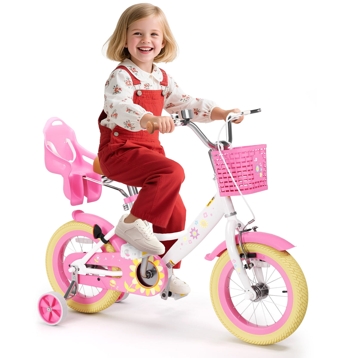 Korimefa Girls Bike for 3-9 Years Old Kids, 12 14 16 inch Kids Bike with Training Wheels, Basket and Doll Seat, Children Bicycles with Handbrake, Pink