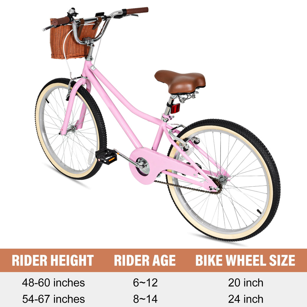 Hykolity Cruiser Bike for Teenage 24 Inch for 8-14 Years Old Girls Bicycle with Basket and Kickstand, Tween Retro Style Childrens Bike for Teen Girls, Pink