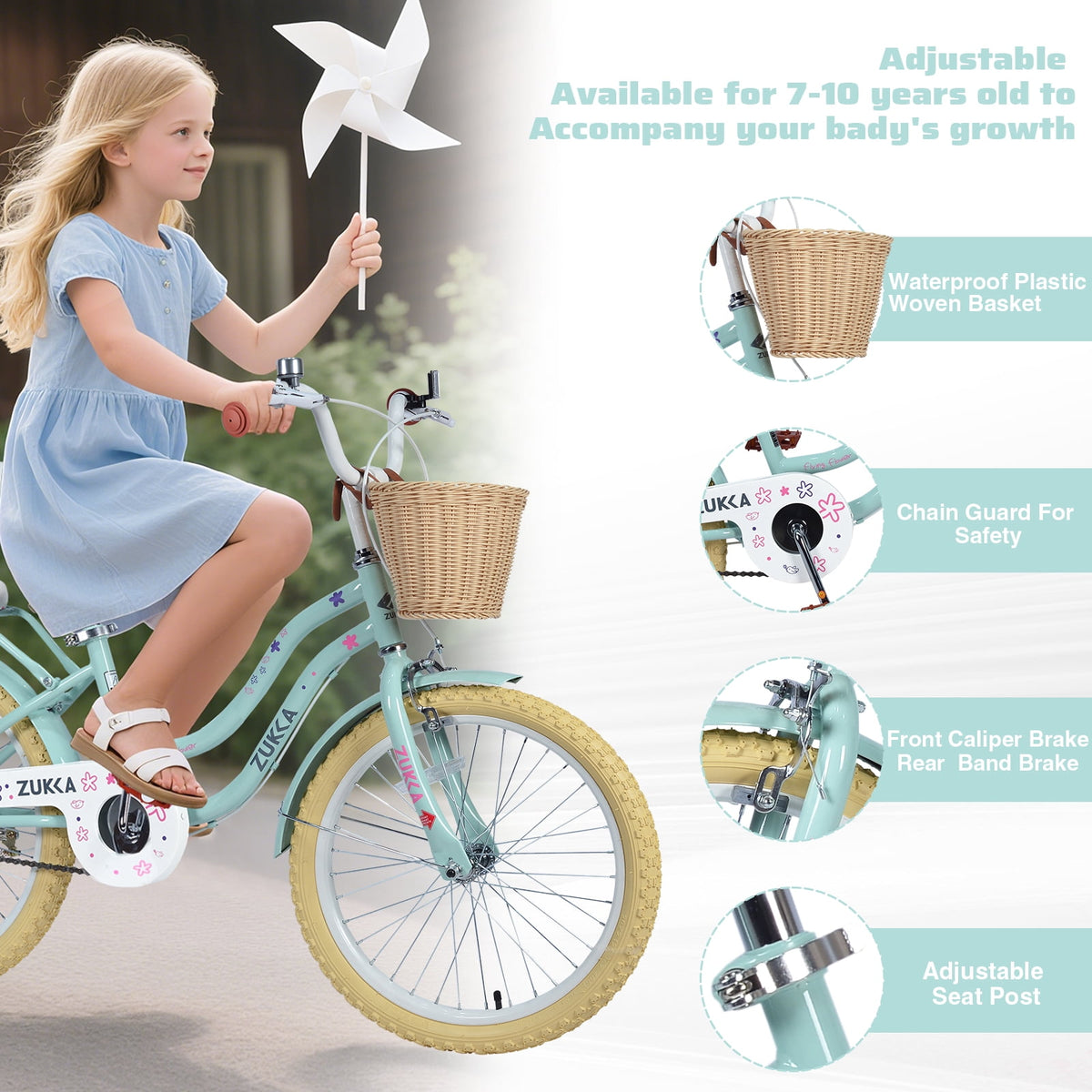Aukfa 20" Girls Bike with Basket – Kids Bicycle for Ages 7-12, Front & Rear Brakes,Pink