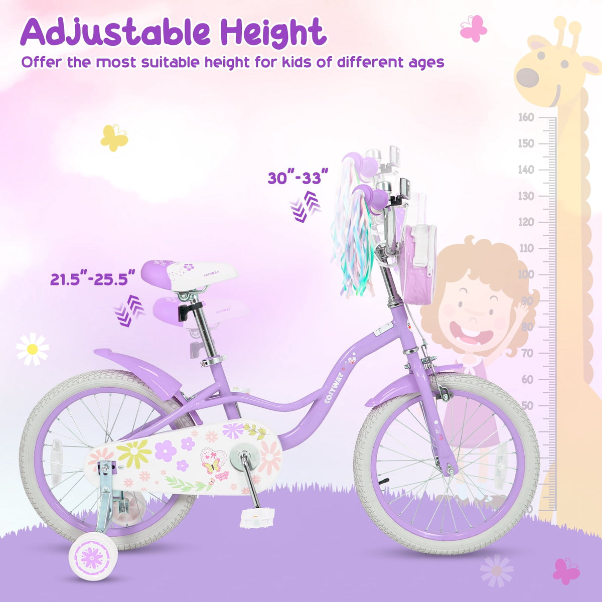 Costway 18 Inches Girls Bike with Front Bag, Children Training Bicycle for 4-8 Years Old Pink