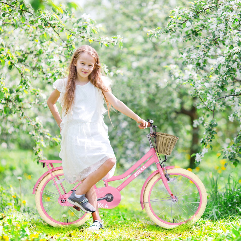 Aukfa 20 inch Girl's Bikes with Basket, Children's Bicycle for 7-10 Years Old Kids, Purple