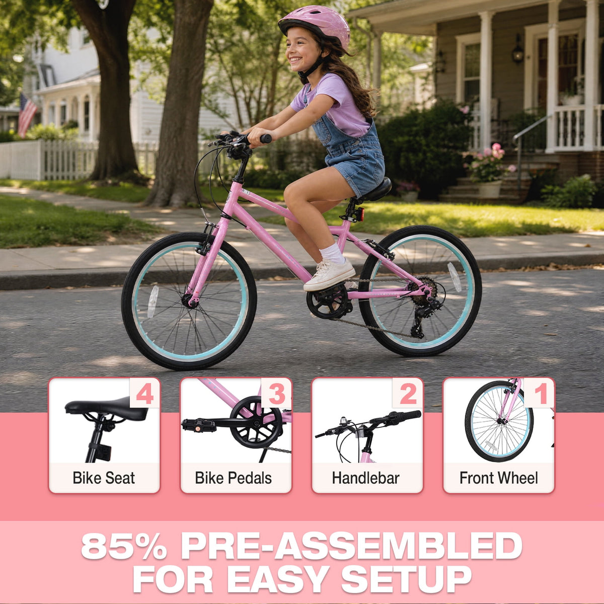 Hykolity 20-in Kid Mountain Bike 7 Speed Bicycles for Kids Bikes MTB Children Ages 8-13 Tween Fits Riders 48-60 Adjustable Seat Dual Brake Outdoor Cycling, Pink