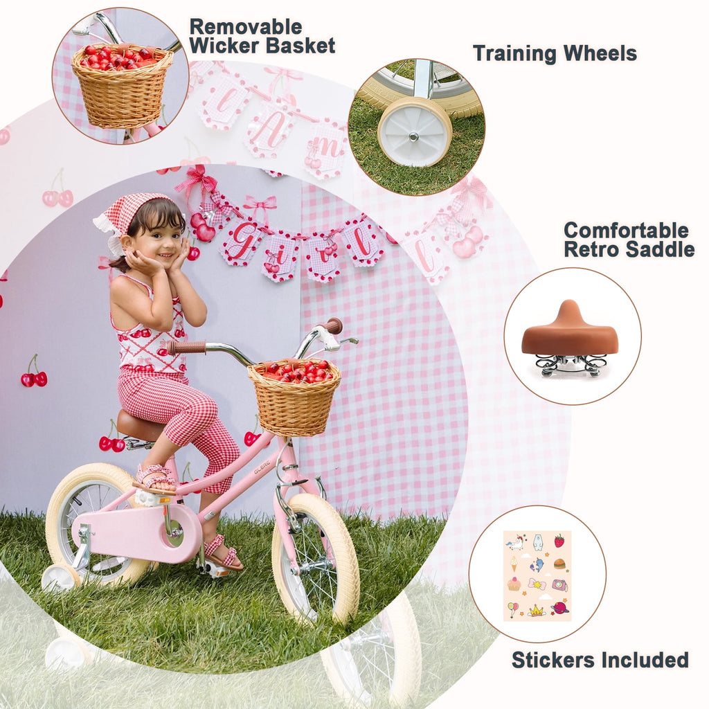 Glerc Little Miss 12 Inch Kids Bike for Girls Ages 2‑4, Retro Bicycle with Training Wheels & Basket, Pink