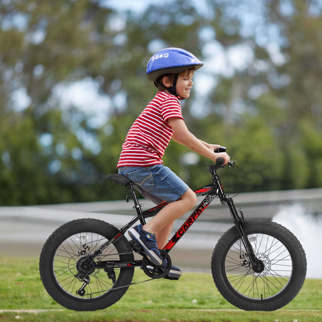 20 Inch Fat Tire Kids Mountain Bike, 7-Speed Mountain Bicycle with Dual Disc Brake and Front Suspension, High-Carbon Steel Frame Kids MTB for Boys Girls Ages 8-12 Year Old, Black-Green