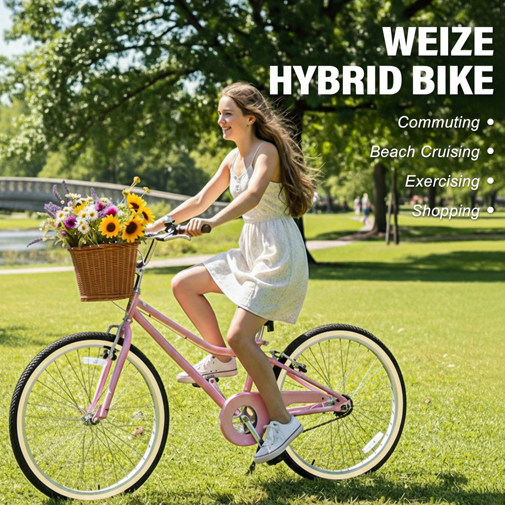 Hykolity Cruiser Bike for Teenage 24 Inch for 8-14 Years Old Girls Bicycle with Basket and Kickstand, Tween Retro Style Childrens Bike for Teen Girls, Pink