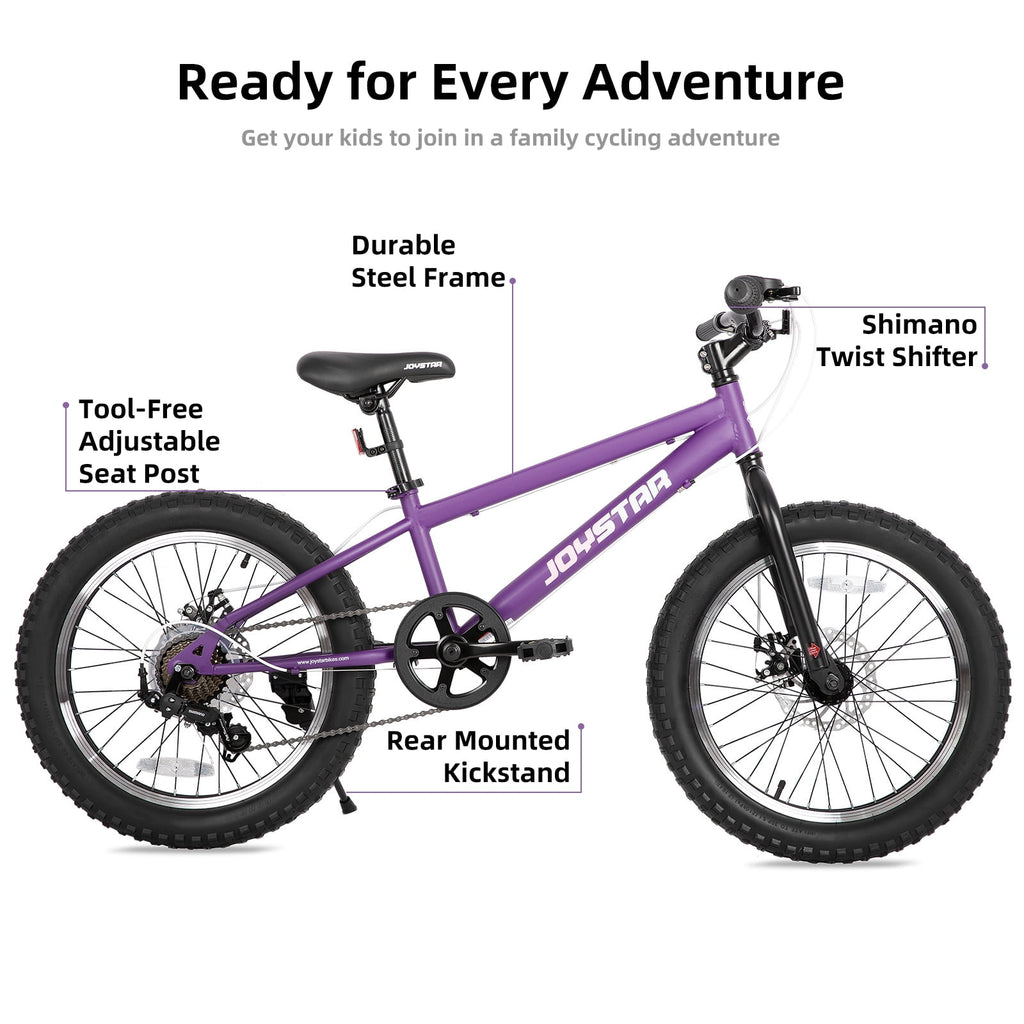 JOYSTAR 20 Inch Mountain Bike for Kids Ages 7-12 Year Old, 3-Inch Wide Knobby Tires, 7 Speed Shimano Drivetrain, Disc Brakes, Fat Tire Kids Bicycles for Boys Girls, Purple